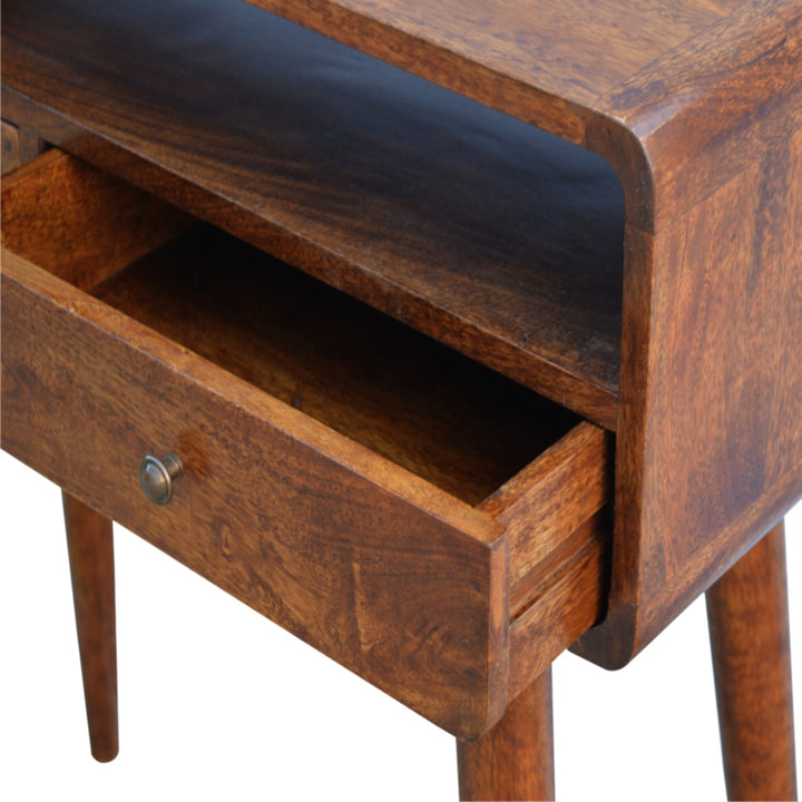 Curved Chestnut Console Table, 2-Drawers, 1 Open-Storage, Brown