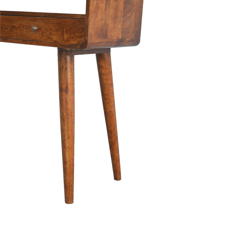 Curved Chestnut Console Table, 2-Drawers, 1 Open-Storage, Brown