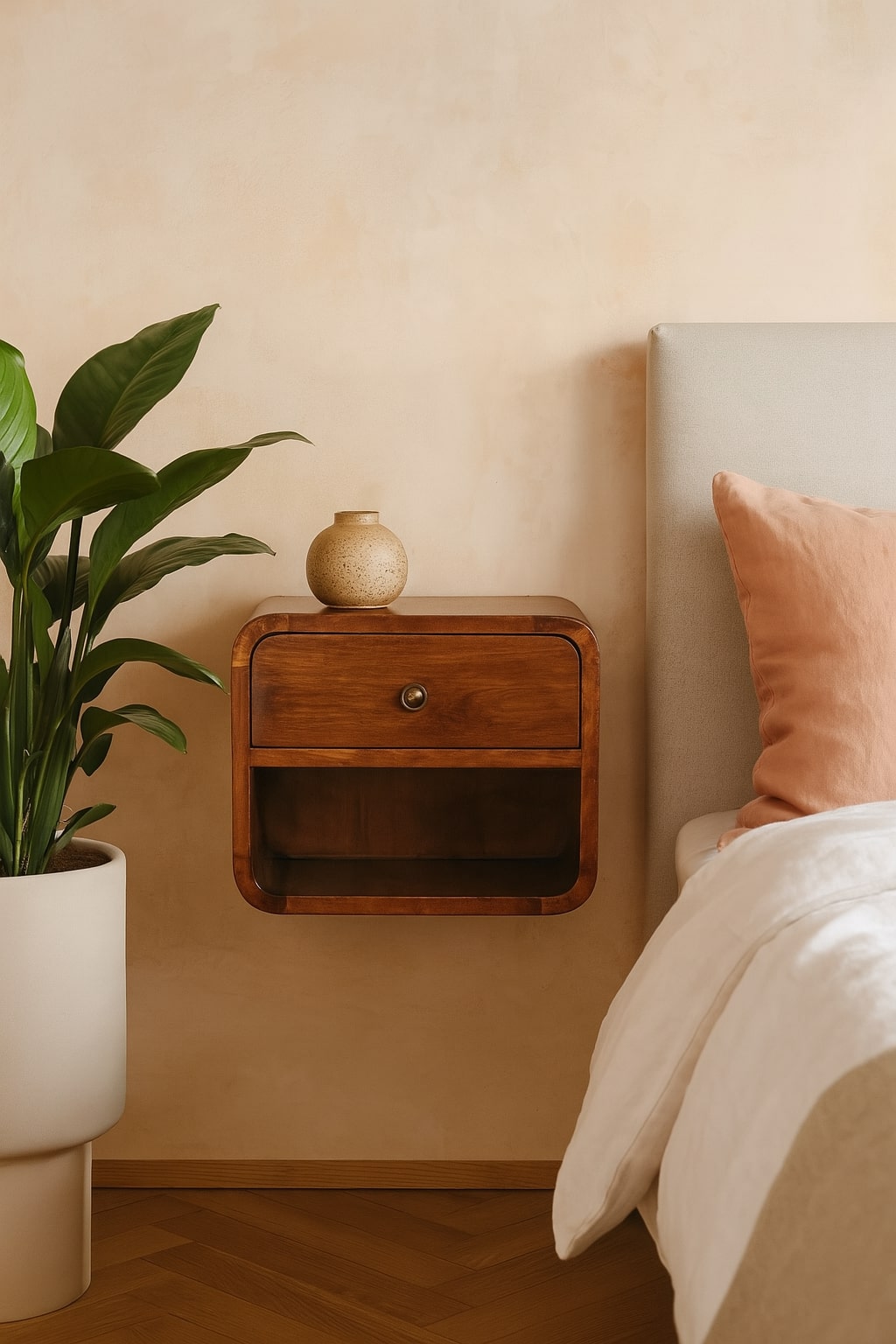 Solid Wood Mini Curve Floating Nightstand, 1-Drawer, 1 Open Slot, Chestnut