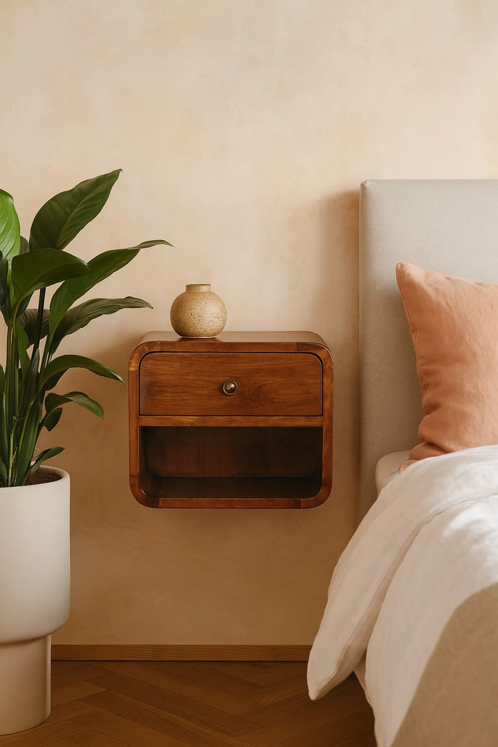Solid Wood Mini Curve Floating Nightstand, 1-Drawer, 1 Open Slot, Chestnut