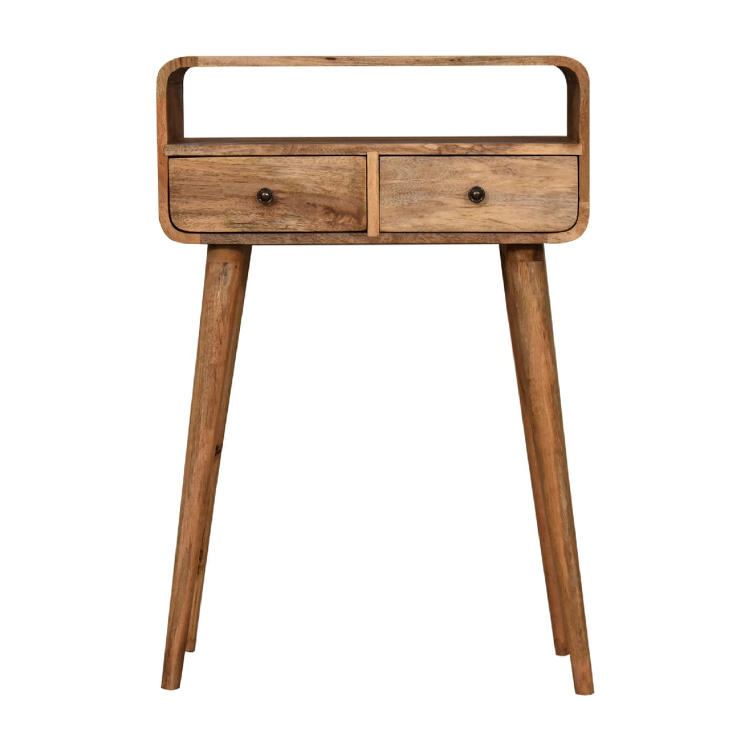 Solid Wood Mini Curved Oak-ish Console Table, 2-Drawers, 1 Open Slot
