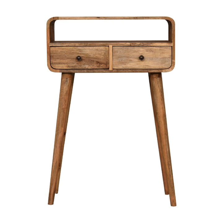 Solid Wood Mini Curved Oak-ish Console Table, 2-Drawers, 1 Open Slot