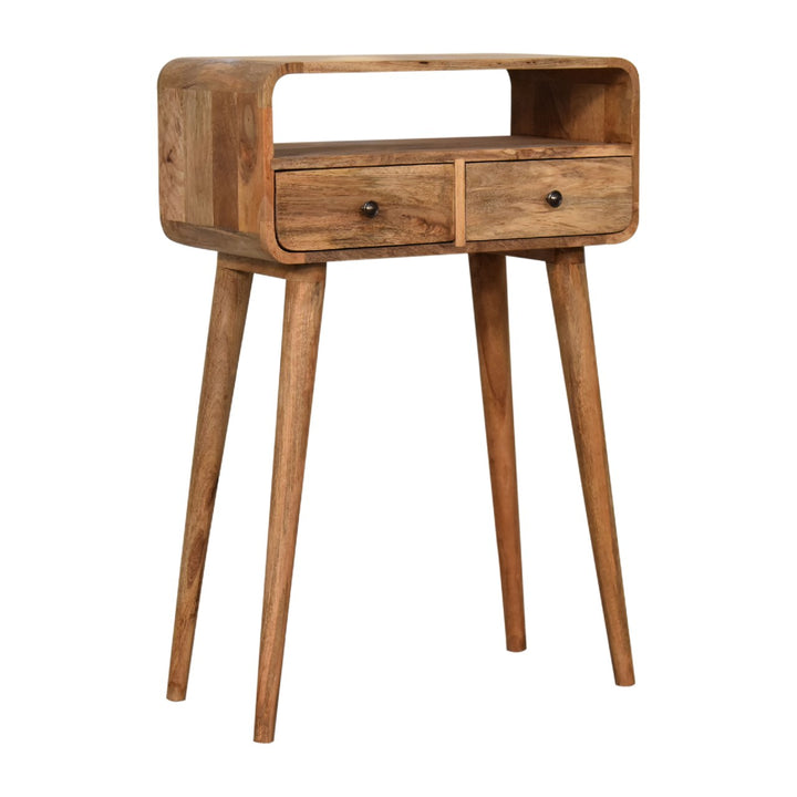 Solid Wood Mini Curved Oak-ish Console Table, 2-Drawers, 1 Open Slot