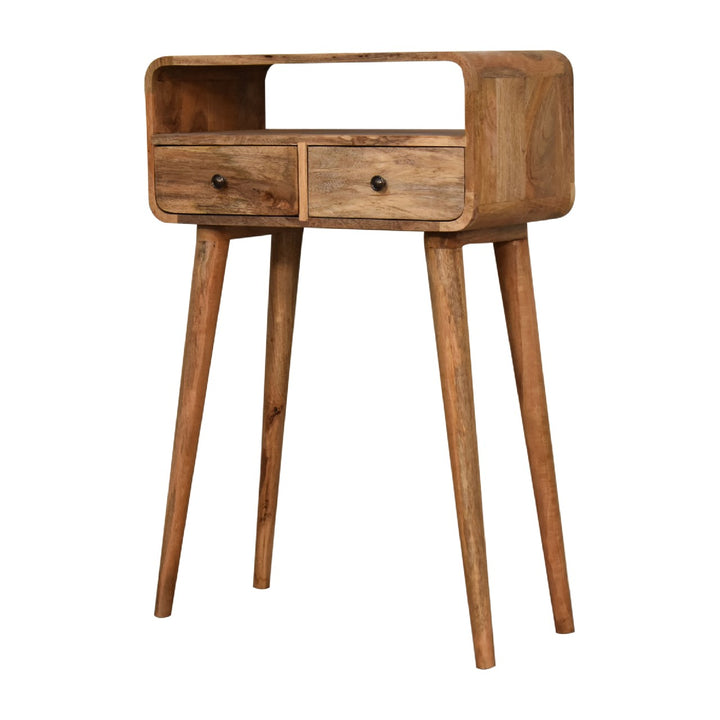 Solid Wood Mini Curved Oak-ish Console Table, 2-Drawers, 1 Open Slot
