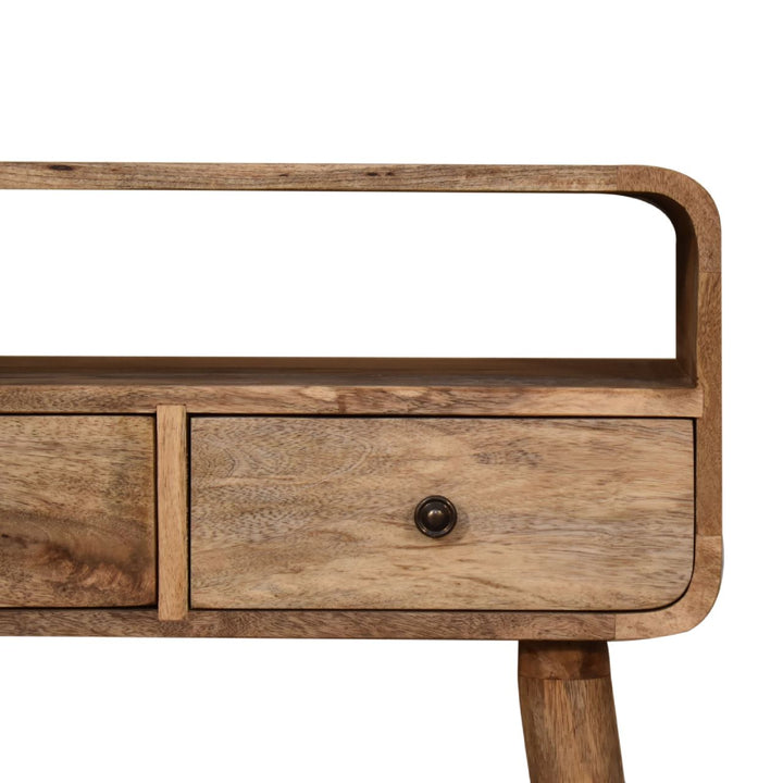Solid Wood Mini Curved Oak-ish Console Table, 2-Drawers, 1 Open Slot