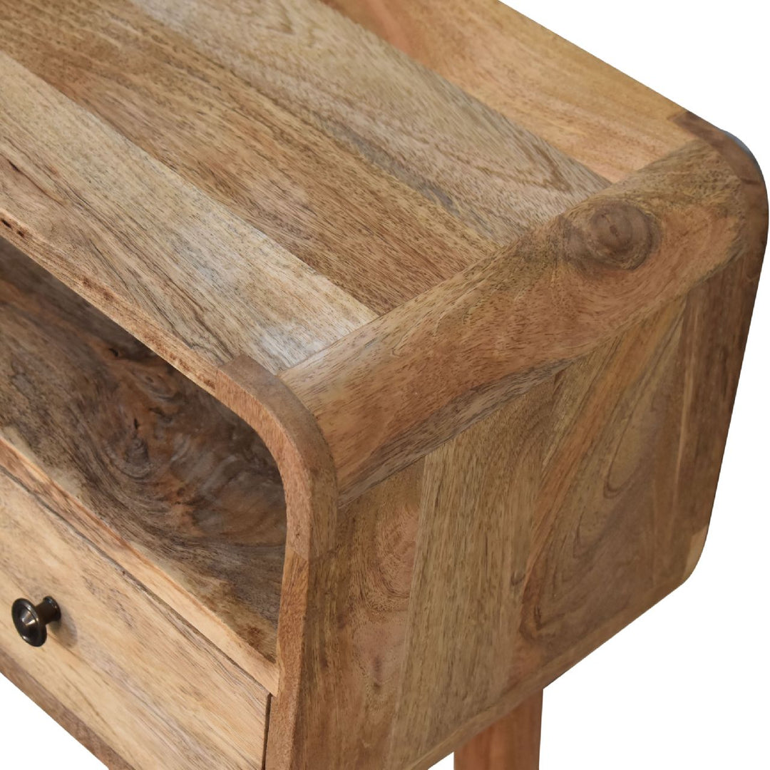 Solid Wood Mini Curved Oak-ish Console Table, 2-Drawers, 1 Open Slot
