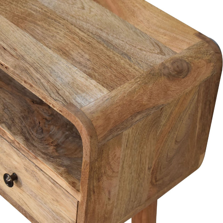 Solid Wood Mini Curved Oak-ish Console Table, 2-Drawers, 1 Open Slot