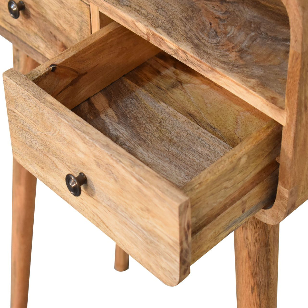 Solid Wood Mini Curved Oak-ish Console Table, 2-Drawers, 1 Open Slot
