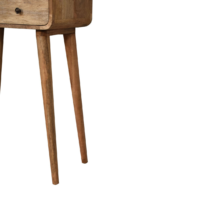 Solid Wood Mini Curved Oak-ish Console Table, 2-Drawers, 1 Open Slot