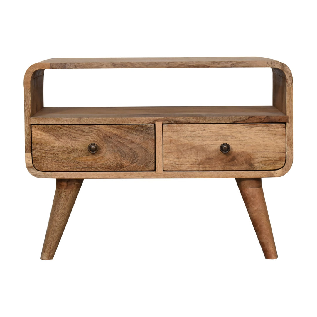Solid Wood Mini Curved Media Unit, 2-Drawers, 1 Open Slot, Oak-ish, Light Brown