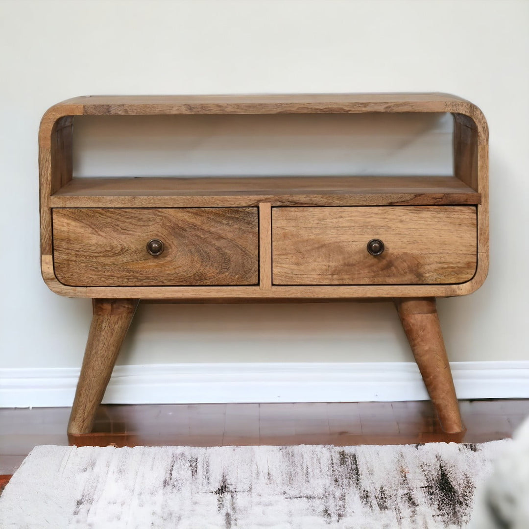 Solid Wood Mini Curved Media Unit, 2-Drawers, 1 Open Slot, Oak-ish, Light Brown