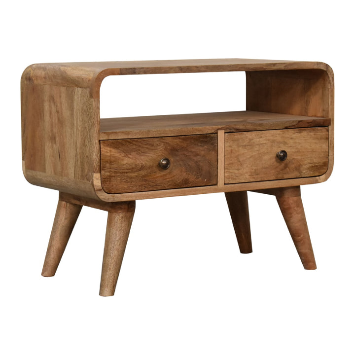 Solid Wood Mini Curved Media Unit, 2-Drawers, 1 Open Slot, Oak-ish, Light Brown