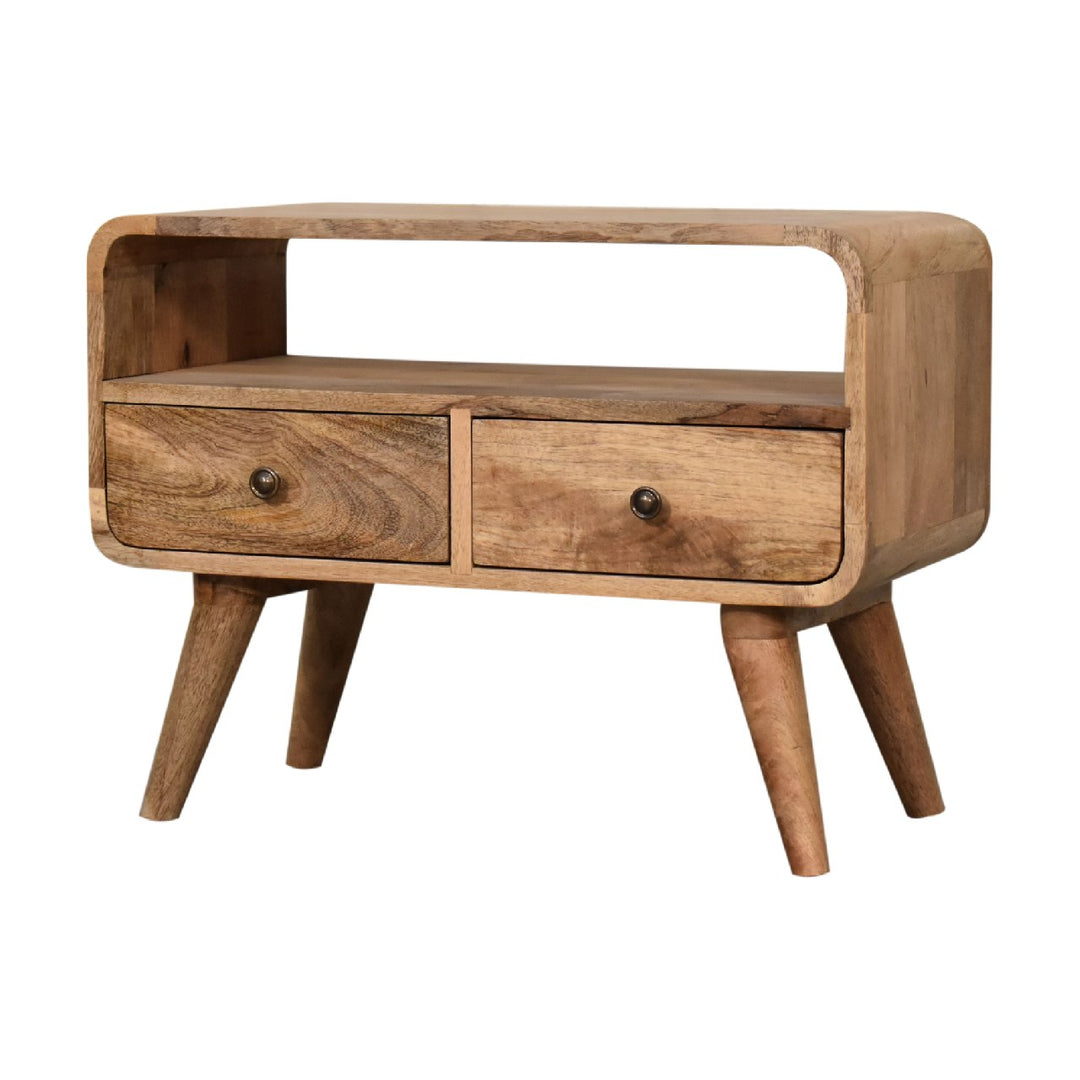 Solid Wood Mini Curved Media Unit, 2-Drawers, 1 Open Slot, Oak-ish, Light Brown