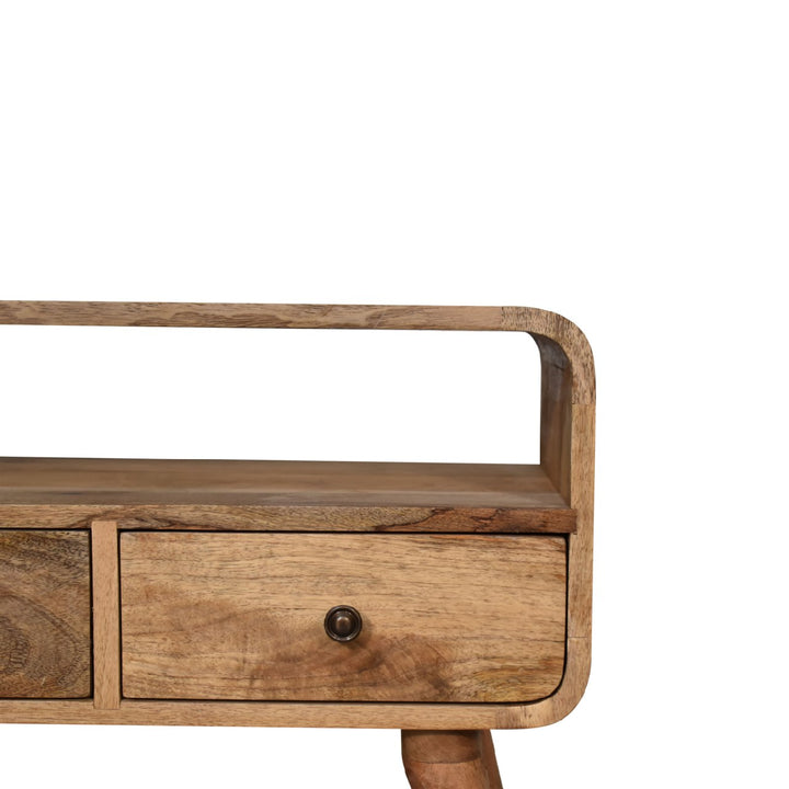 Solid Wood Mini Curved Media Unit, 2-Drawers, 1 Open Slot, Oak-ish, Light Brown