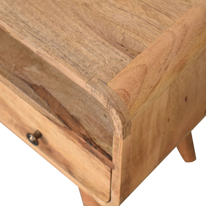 Solid Wood Mini Curved Media Unit, 2-Drawers, 1 Open Slot, Oak-ish, Light Brown