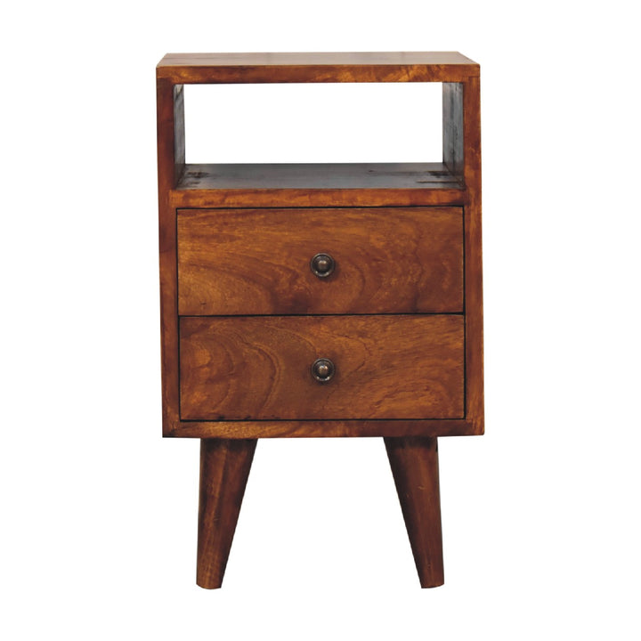 Solid Wood Mini Classic Chestnut Bedside, 2-Drawers, 1 Open Slot, Nordic Legs, Dark Brown