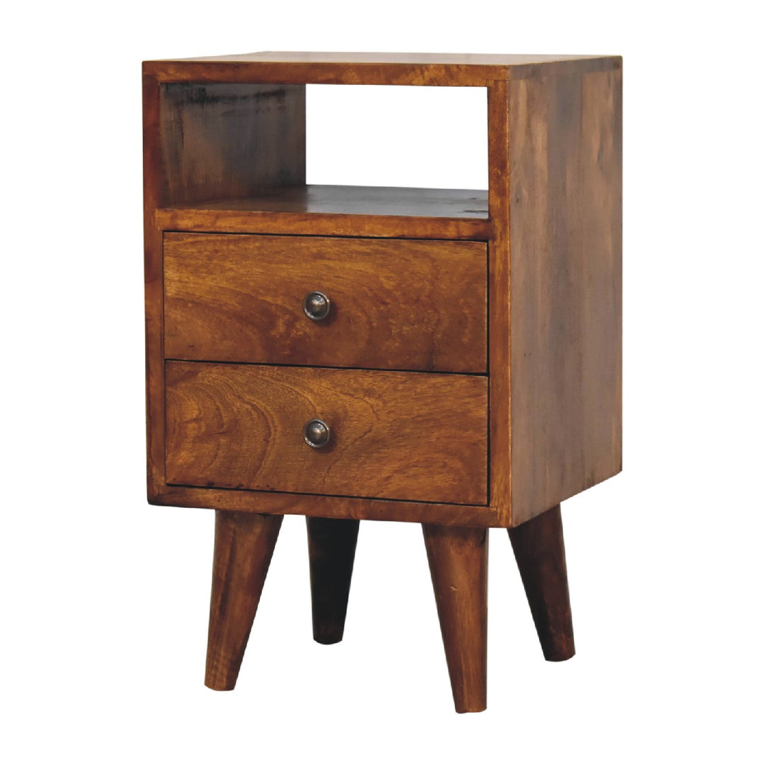 Solid Wood Mini Classic Chestnut Bedside, 2-Drawers, 1 Open Slot, Nordic Legs, Dark Brown