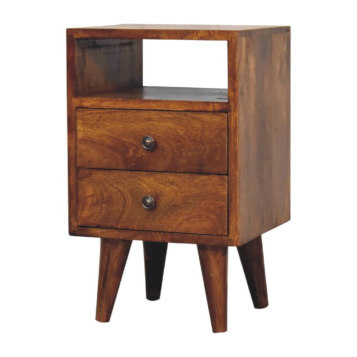 Solid Wood Mini Classic Chestnut Bedside, 2-Drawers, 1 Open Slot, Nordic Legs, Dark Brown