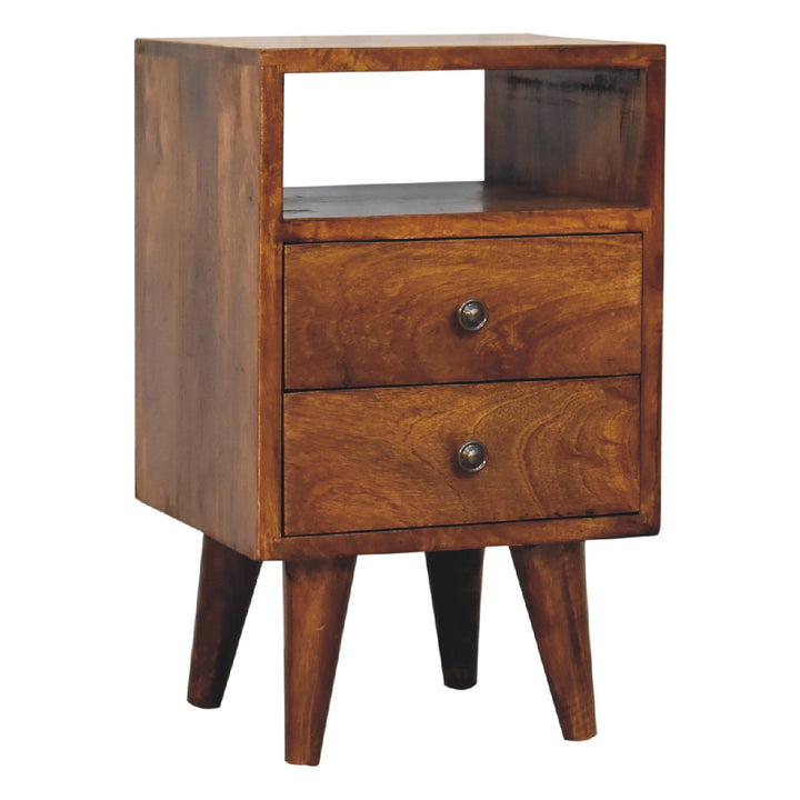 Solid Wood Mini Classic Chestnut Bedside, 2-Drawers, 1 Open Slot, Nordic Legs, Dark Brown