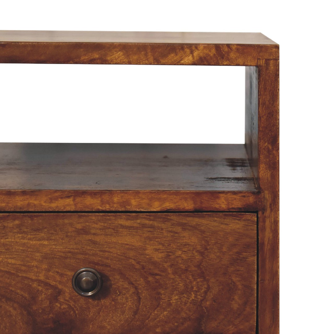 Solid Wood Mini Classic Chestnut Bedside, 2-Drawers, 1 Open Slot, Nordic Legs, Dark Brown