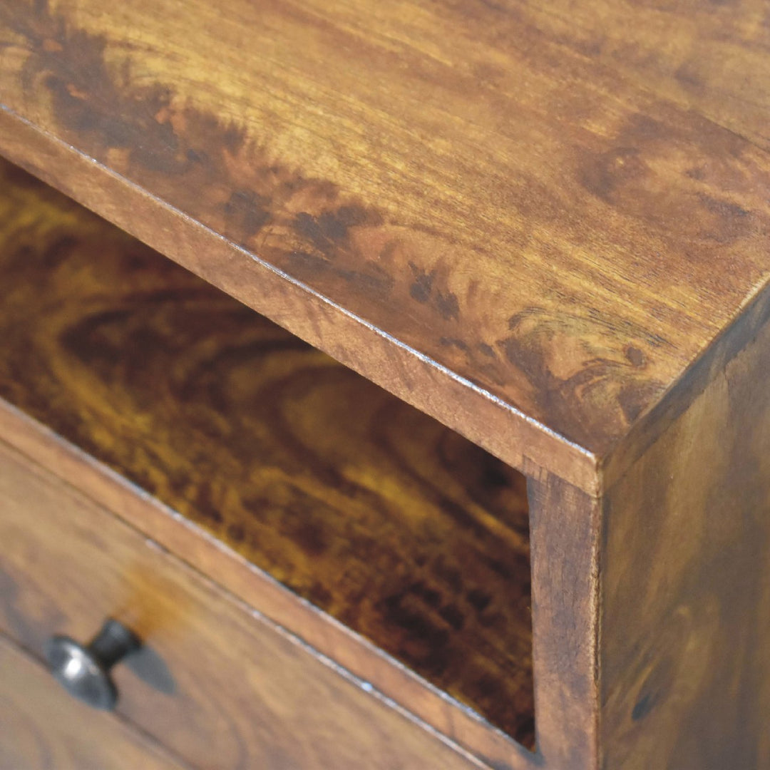 Solid Wood Mini Classic Chestnut Bedside, 2-Drawers, 1 Open Slot, Nordic Legs, Dark Brown