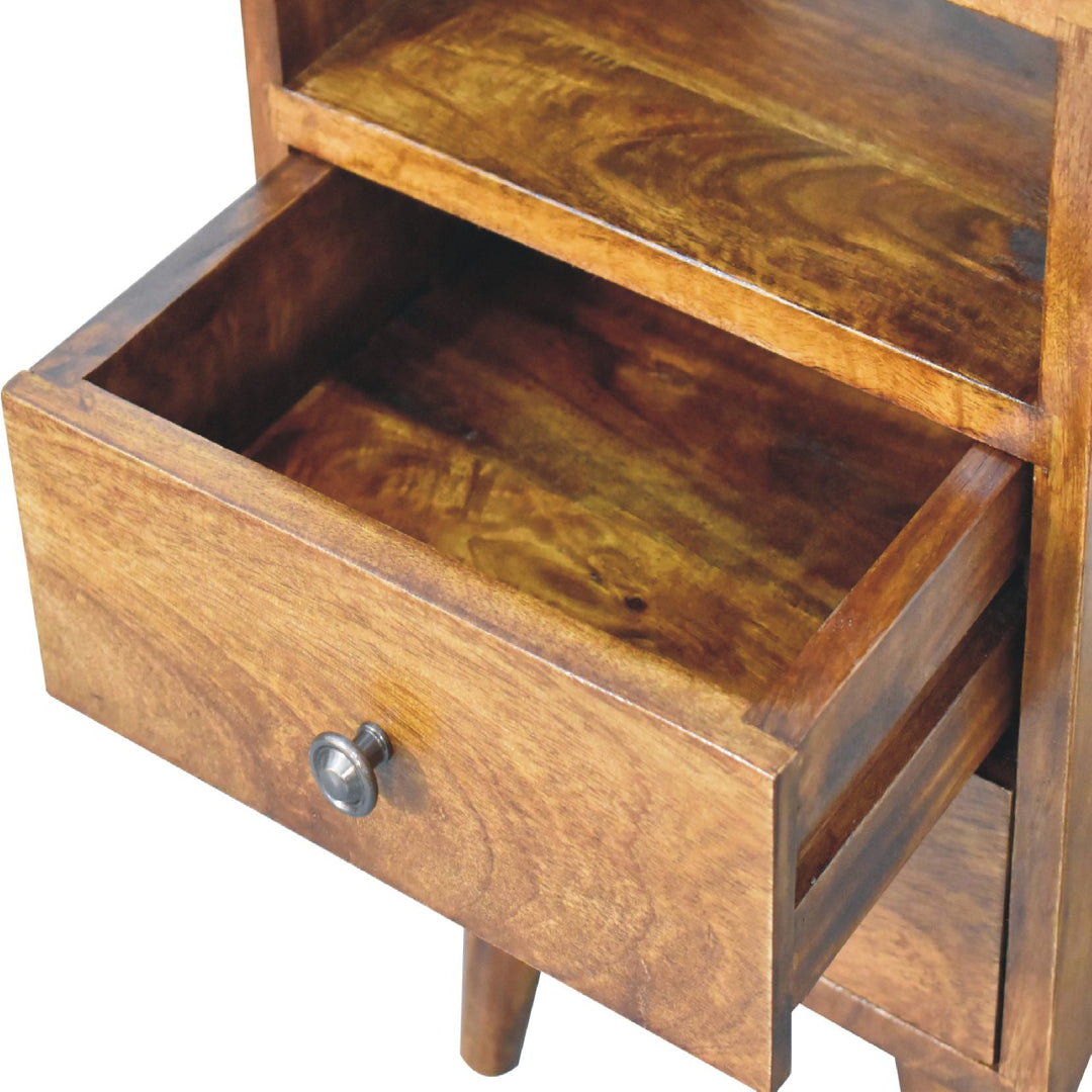 Solid Wood Mini Classic Chestnut Bedside, 2-Drawers, 1 Open Slot, Nordic Legs, Dark Brown