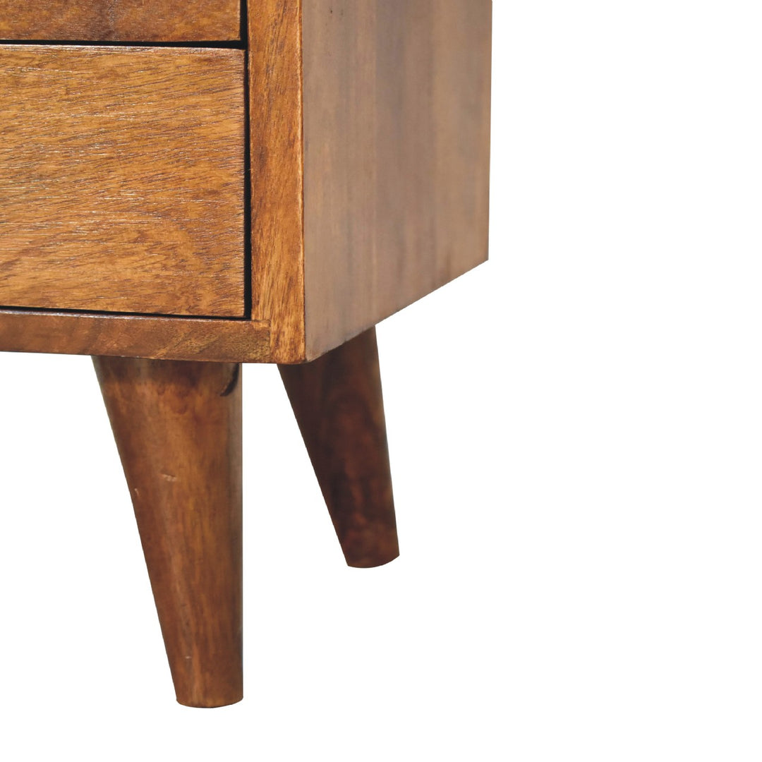 Solid Wood Mini Classic Chestnut Bedside, 2-Drawers, 1 Open Slot, Nordic Legs, Dark Brown