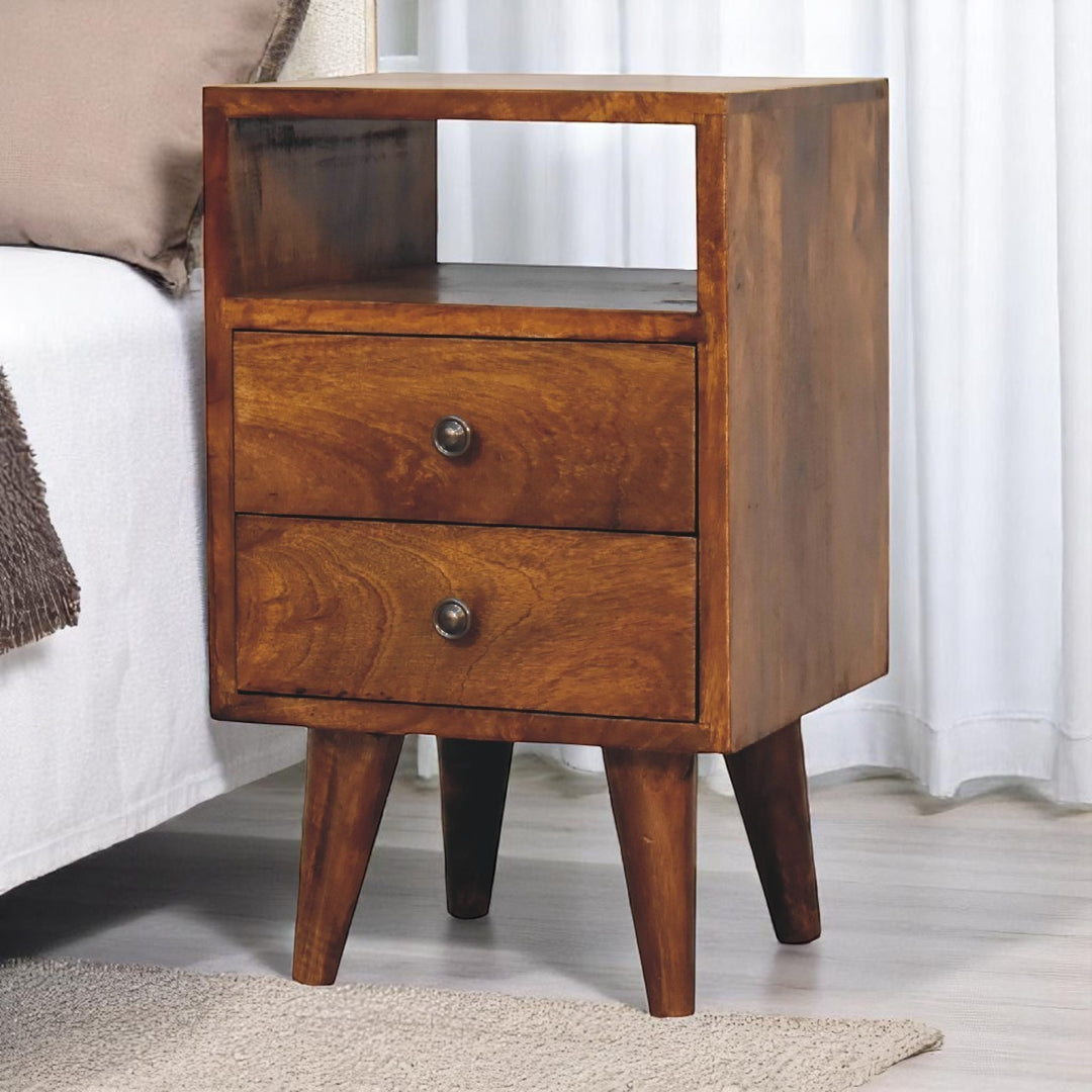 Solid Wood Mini Classic Chestnut Bedside, 2-Drawers, 1 Open Slot, Nordic Legs, Dark Brown