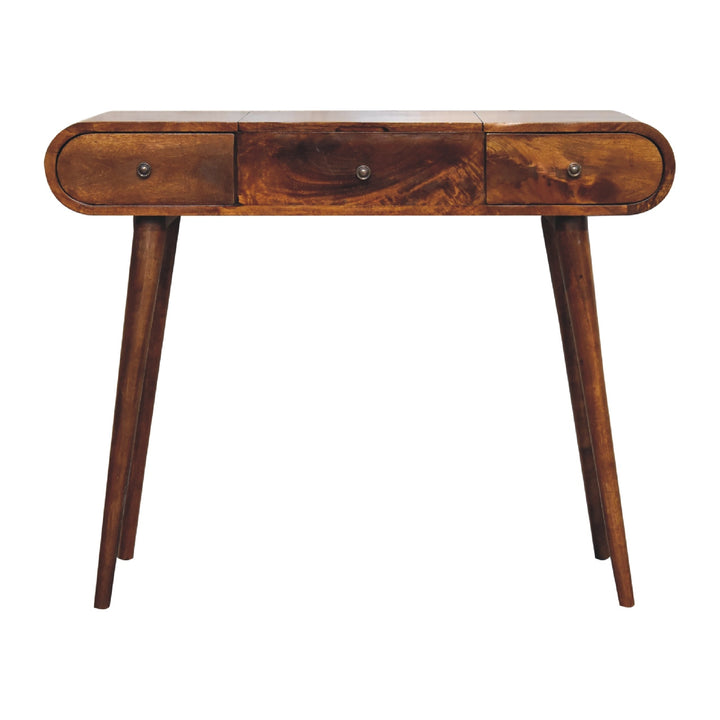 Chestnut Mirror Dressing Table, Nordic Legs, 2-Drawers, Compartments for Storage, Brown