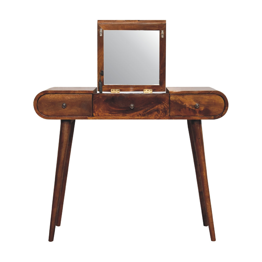 Chestnut Mirror Dressing Table, Nordic Legs, 2-Drawers, Compartments for Storage, Brown