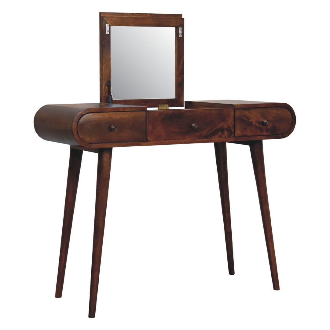 Chestnut Mirror Dressing Table, Nordic Legs, 2-Drawers, Compartments for Storage, Brown