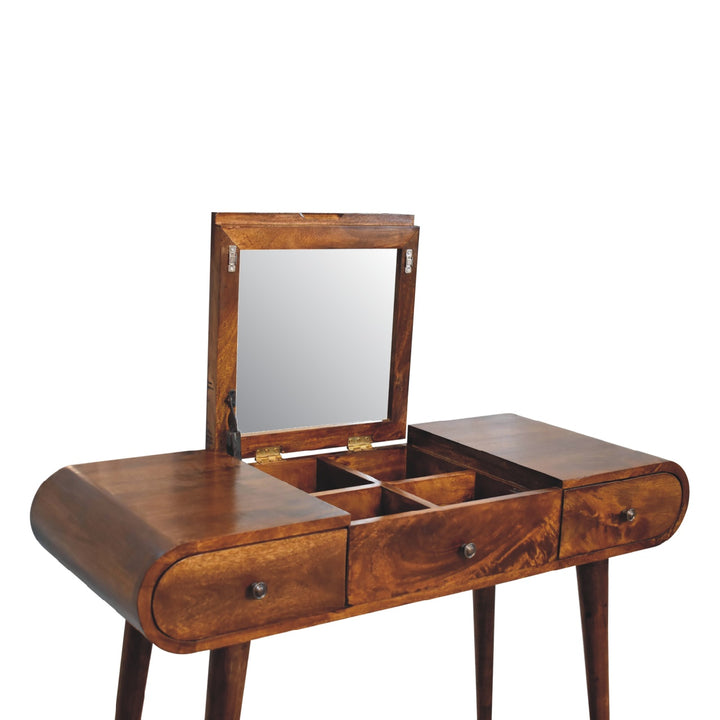 Chestnut Mirror Dressing Table, Nordic Legs, 2-Drawers, Compartments for Storage, Brown