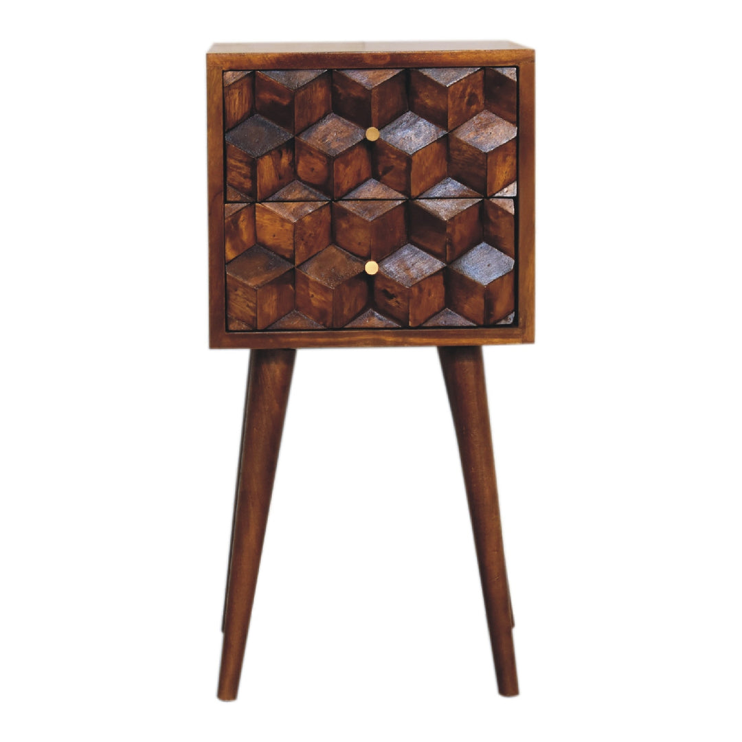 Solid Wood Mini Cube Nightstand, 2-Drawers, Chestnut, Brown