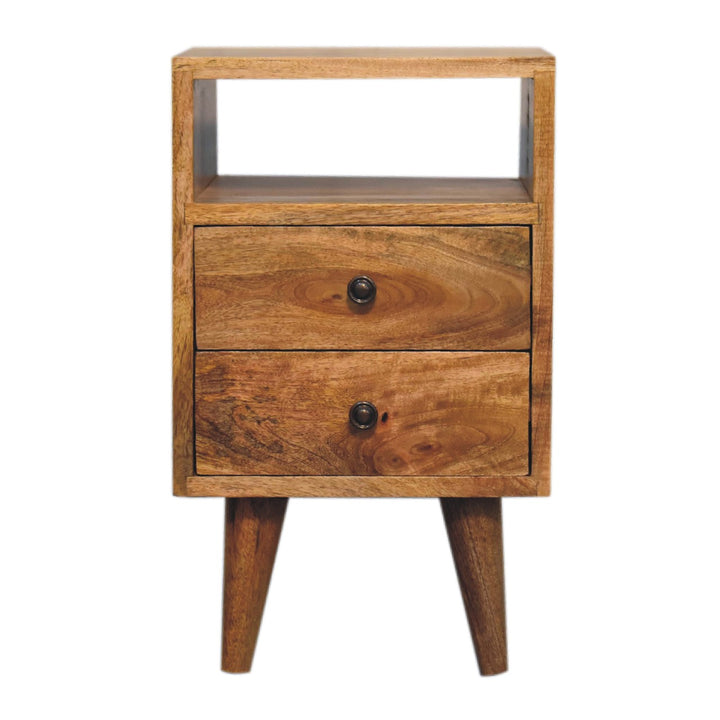 Solid Wood Mini Oak-ish Classic Nightstand, 2-Drawers, 1 Open Slot, Nordic Legs, Light Brown
