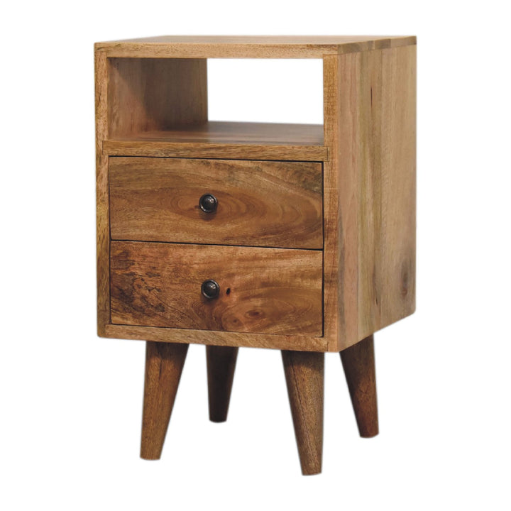 Solid Wood Mini Oak-ish Classic Nightstand, 2-Drawers, 1 Open Slot, Nordic Legs, Light Brown