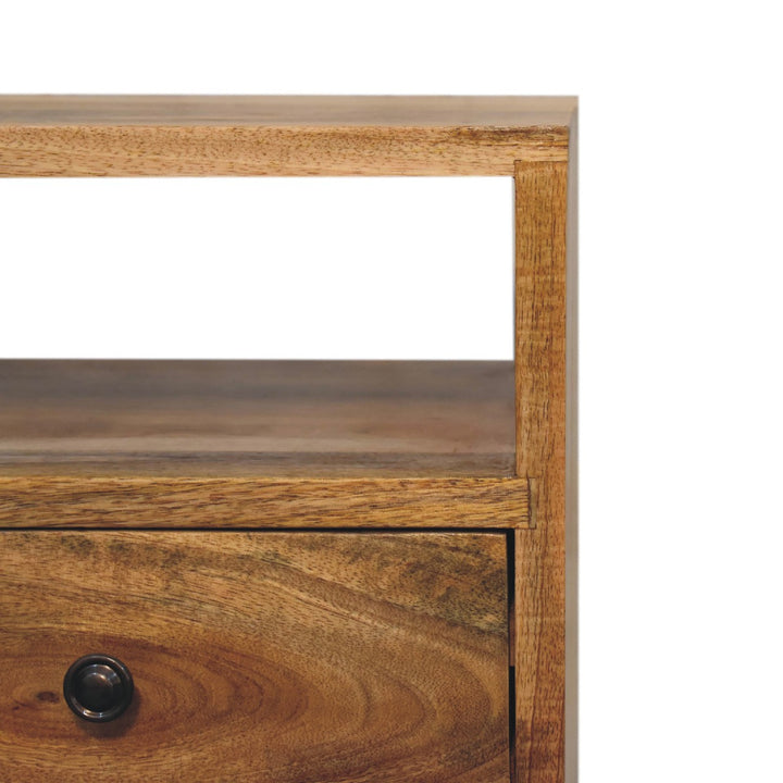 Solid Wood Mini Oak-ish Classic Nightstand, 2-Drawers, 1 Open Slot, Nordic Legs, Light Brown