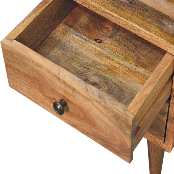 Solid Wood Mini Oak-ish Classic Nightstand, 2-Drawers, 1 Open Slot, Nordic Legs, Light Brown