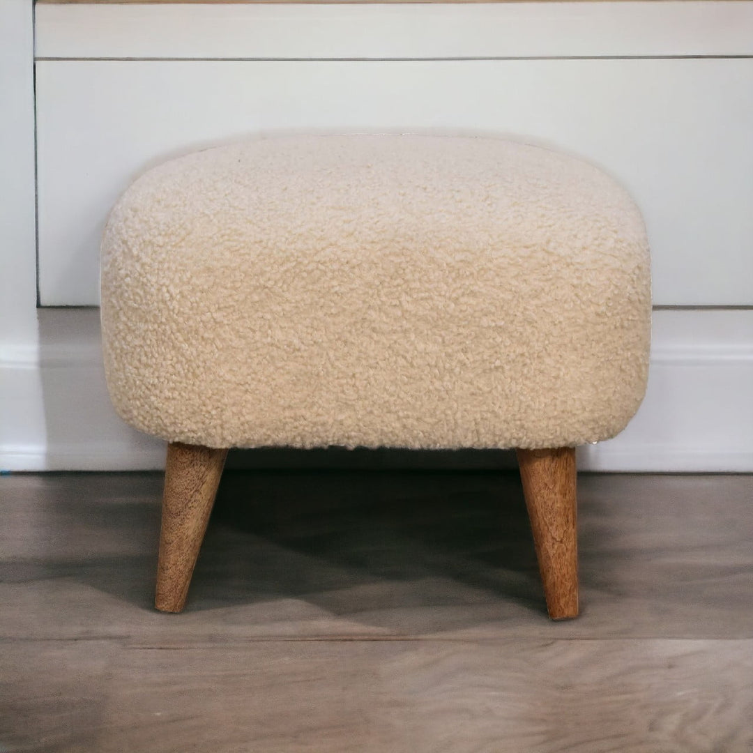 Solid Wood Boucle Upholstered Square Footstool, Beige and Brown