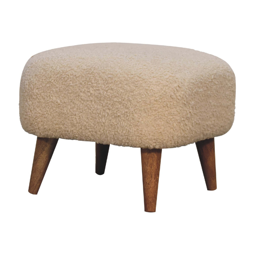 Solid Wood Boucle Upholstered Square Footstool, Beige and Brown
