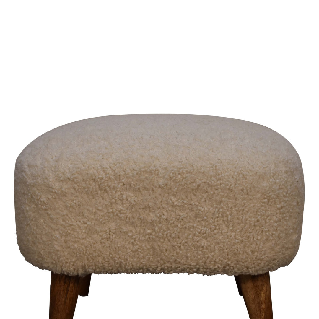 Solid Wood Boucle Upholstered Square Footstool, Beige and Brown