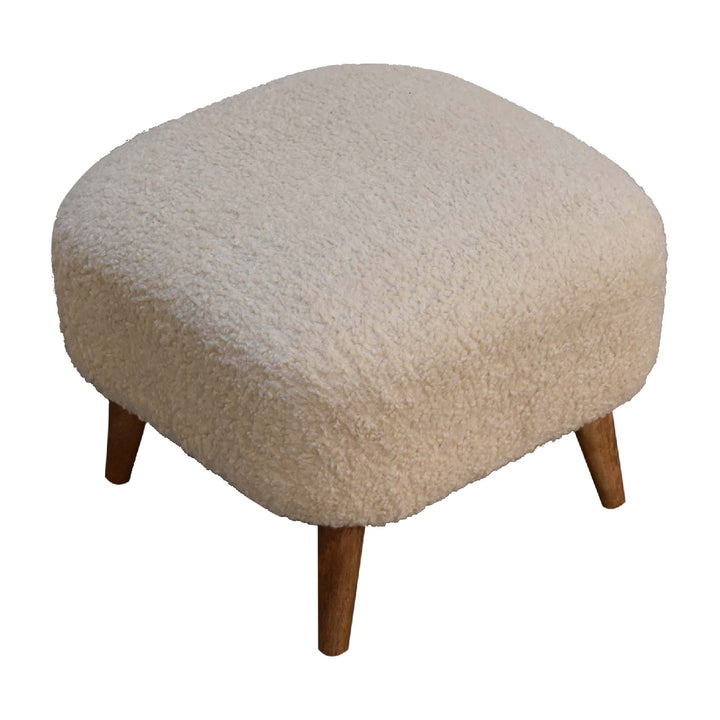 Solid Wood Boucle Upholstered Square Footstool, Beige and Brown