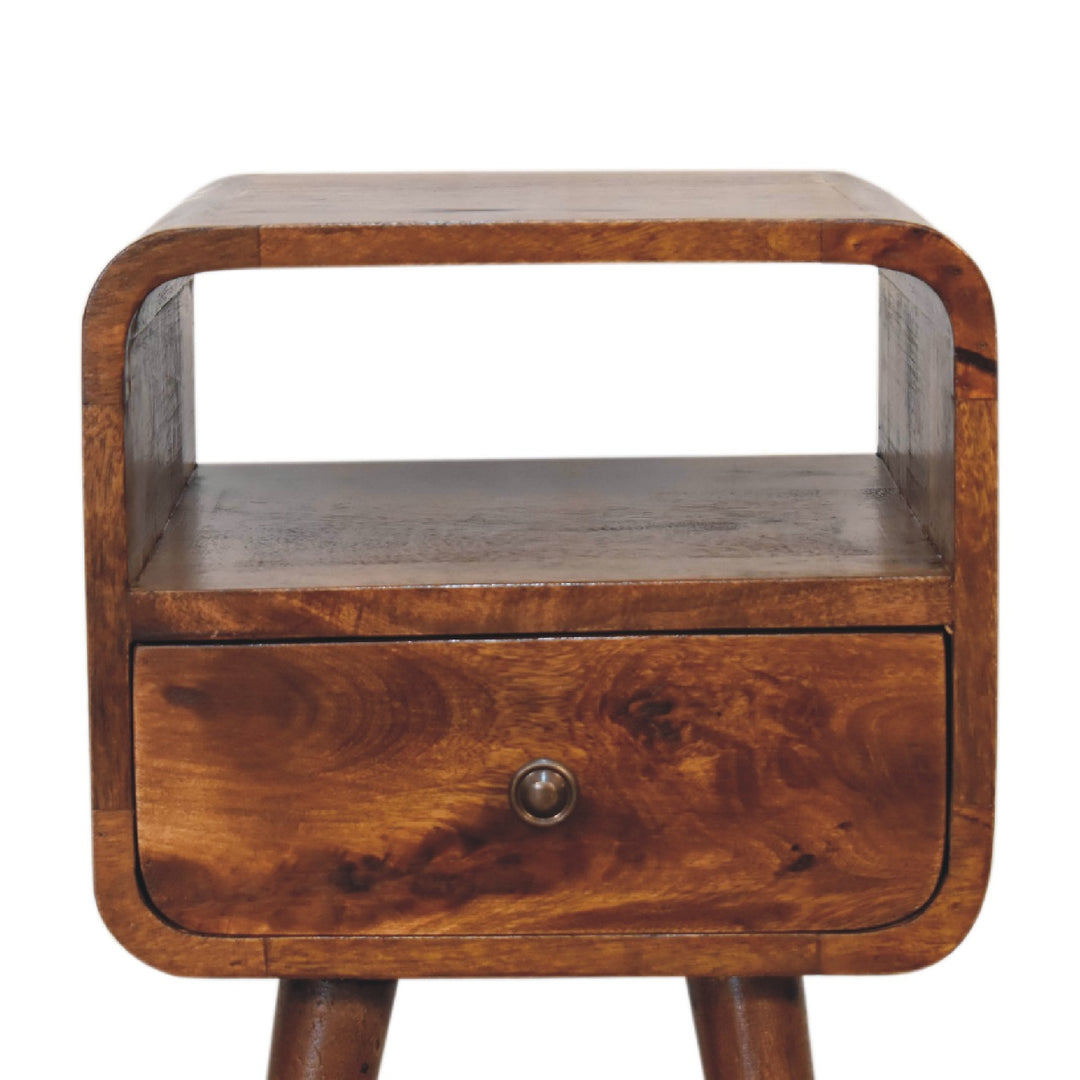 Solid Wood Mini Curve Bedside, 1-Drawer, 1 Open Slot, Chestnut, Brown