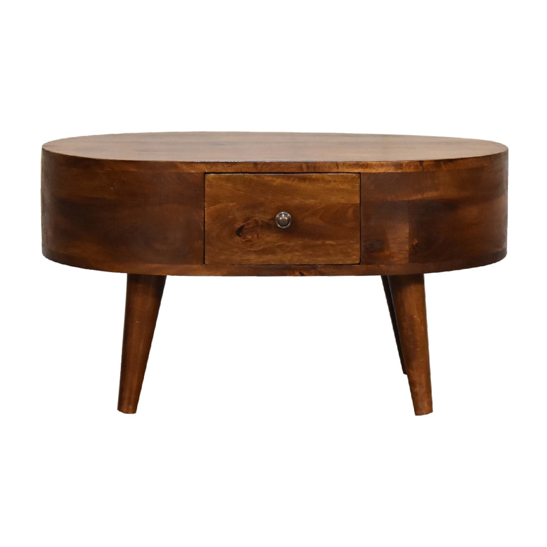Solid Wood Mini Chestnut Rounded Coffee Table, 2-Drawers, Brown