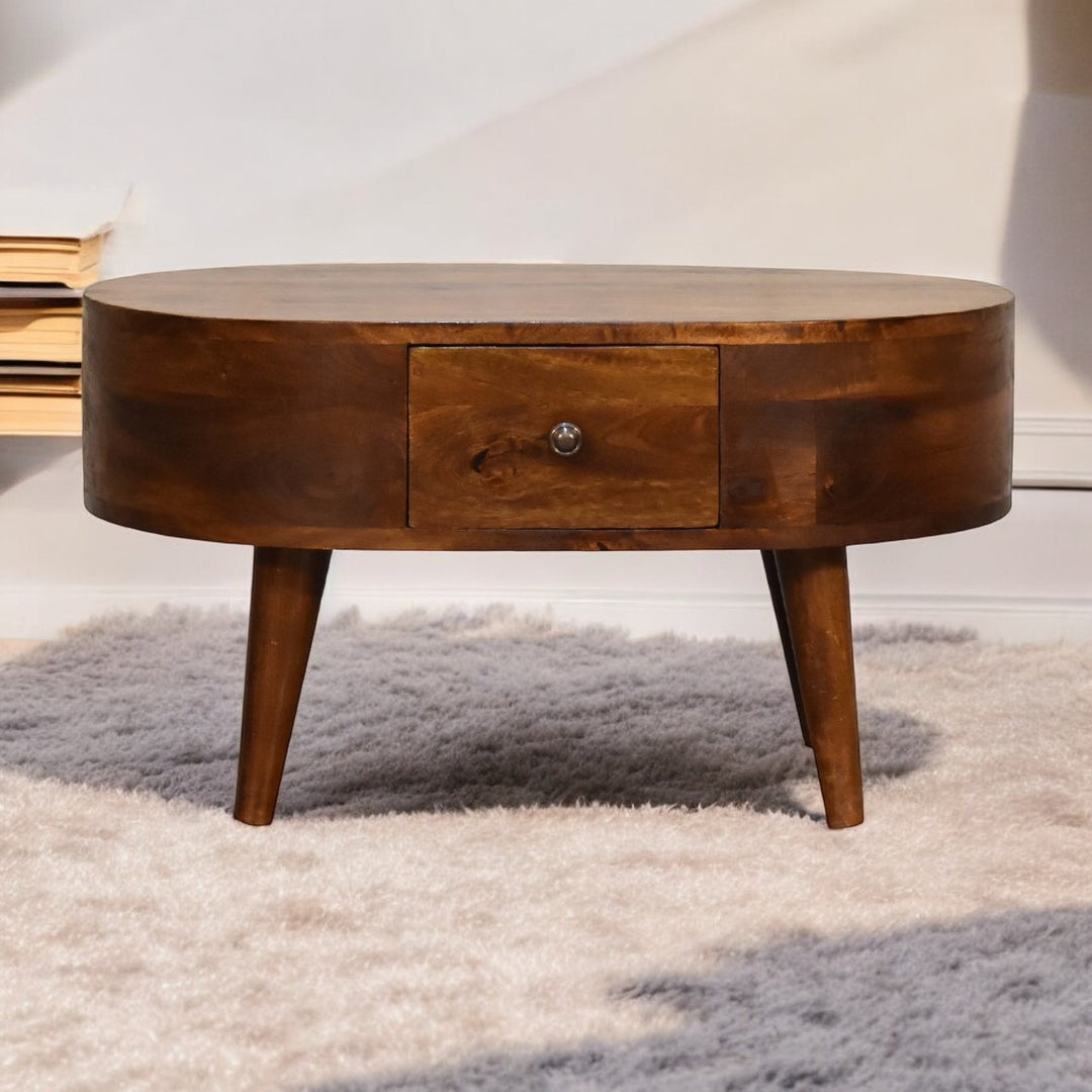 Solid Wood Mini Chestnut Rounded Coffee Table, 2-Drawers, Brown