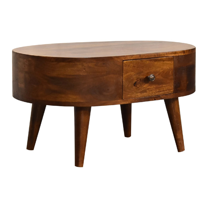 Solid Wood Mini Chestnut Rounded Coffee Table, 2-Drawers, Brown