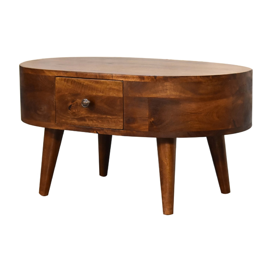Solid Wood Mini Chestnut Rounded Coffee Table, 2-Drawers, Brown