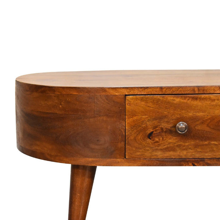 Solid Wood Mini Chestnut Rounded Coffee Table, 2-Drawers, Brown