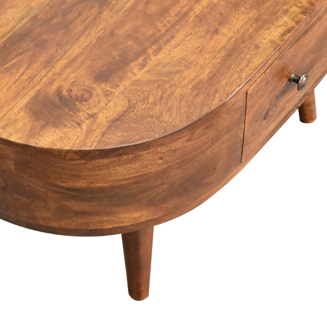 Solid Wood Mini Chestnut Rounded Coffee Table, 2-Drawers, Brown