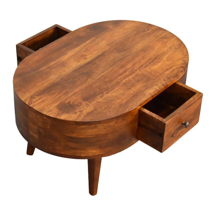 Solid Wood Mini Chestnut Rounded Coffee Table, 2-Drawers, Brown