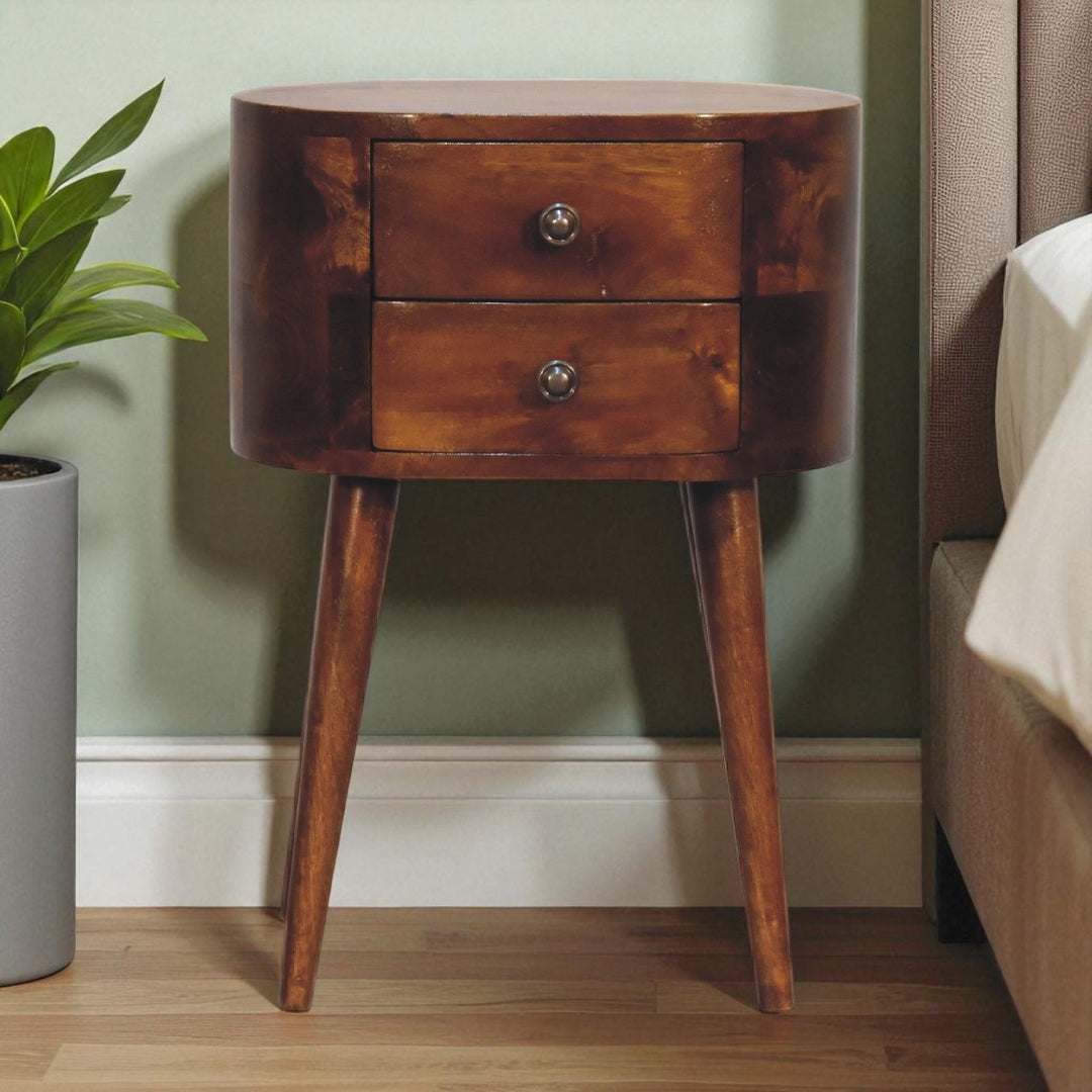 Solid Wood Mini Chestnut Rounded Nightstand, 2-Drawers, Nordic Legs, Brown